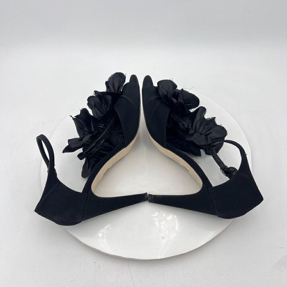 Lavorazione Artigiana Women Shoes Size 7B Black Leather Floral Satin Heel Sandal - Picture 6 of 12